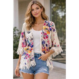 Umgee Floral Short Sleeve Tassle Size S Shaw/Kimono Open Bohemian Festival Chic